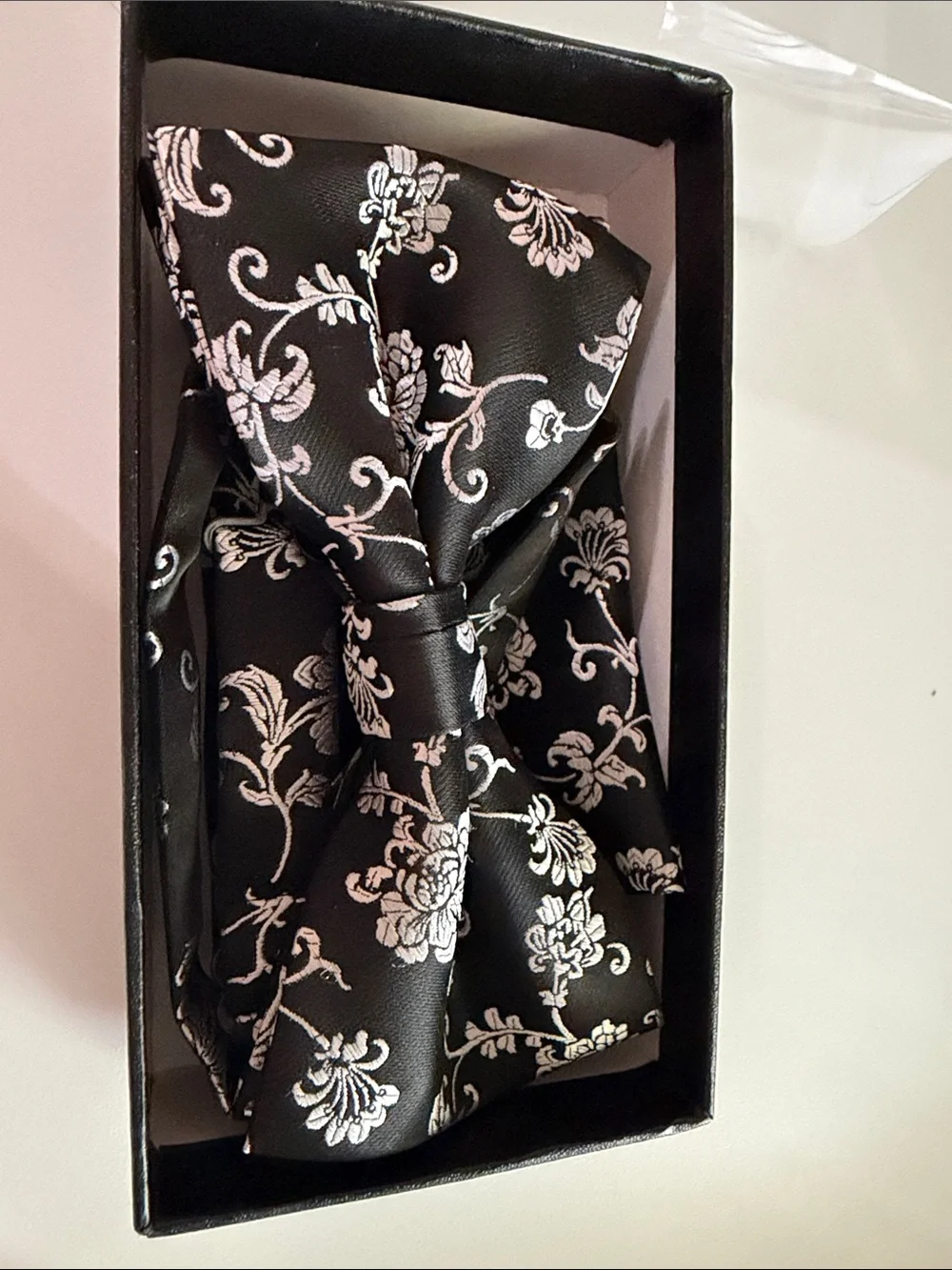 Black Bow Tie with Silver Floral Motif and matching Pocket square